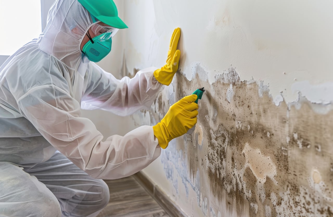 Mould specialist taking care to treat wall mould
